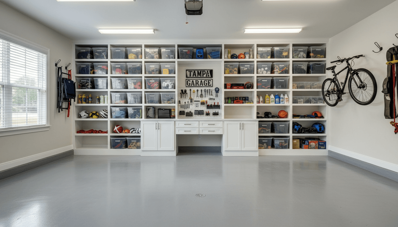 Clean organized garage with storage systems and open functional space